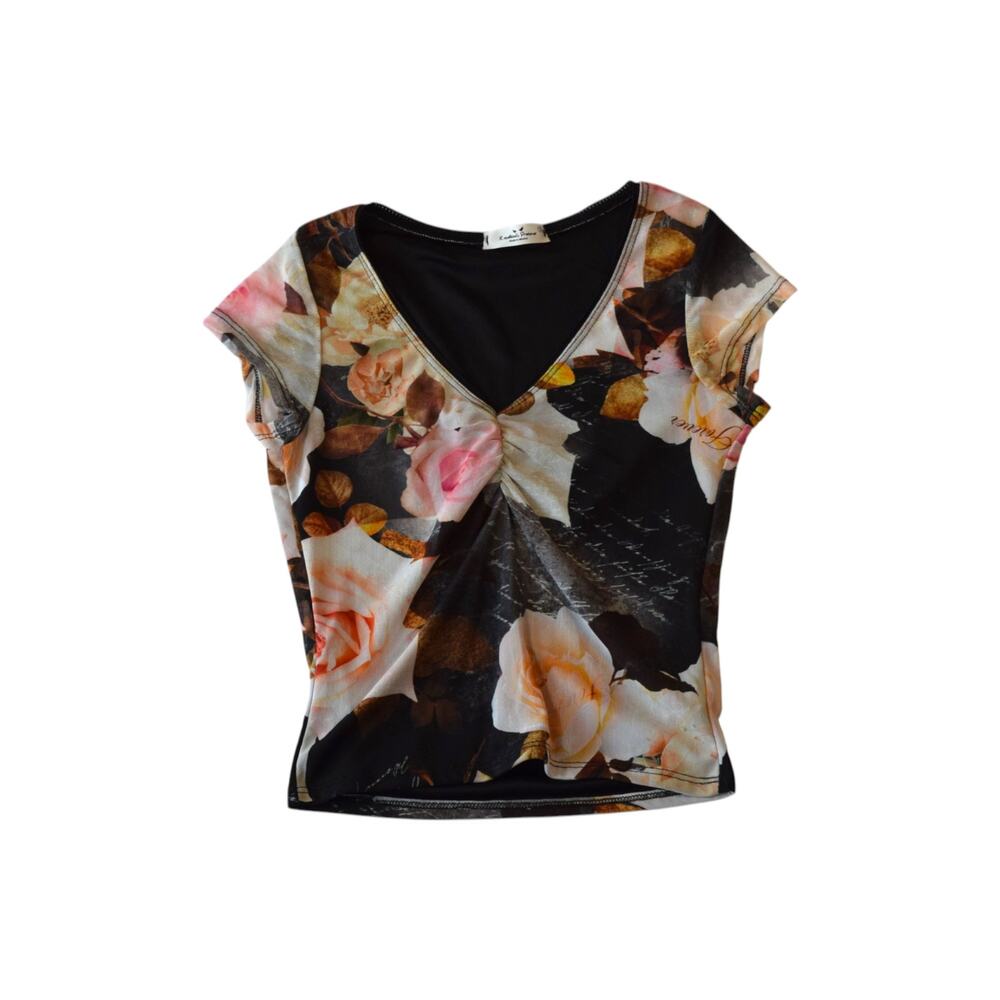 Rebellious Dreamer Floral Mesh Top V Neck Ruched Size Small